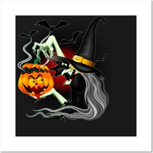Witch with Jack O'Lantern and Bats Posters and Art